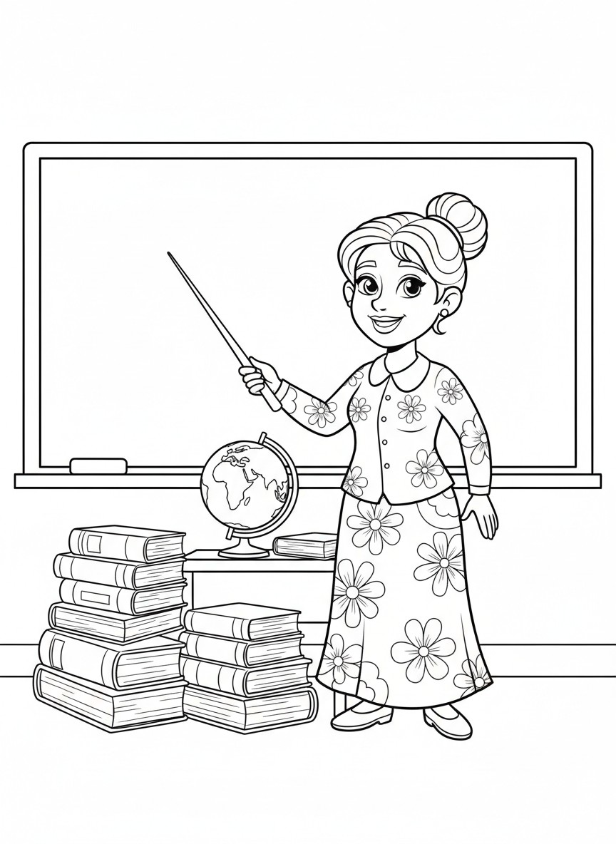 Friendly Teacher at Whiteboard: A Fun Coloring Page for Kids - Occupation Coloring Page featuring Children and Teacher - Free Printable Outline Drawing for Kids
