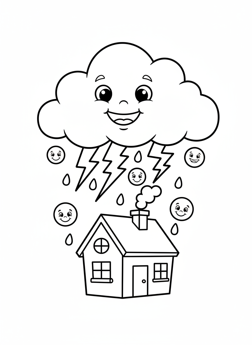 Friendly Thundercloud & Cozy House Coloring Page for Kids - Cloud Coloring Page featuring Happy and Children - Free Printable Outline Drawing for Kids