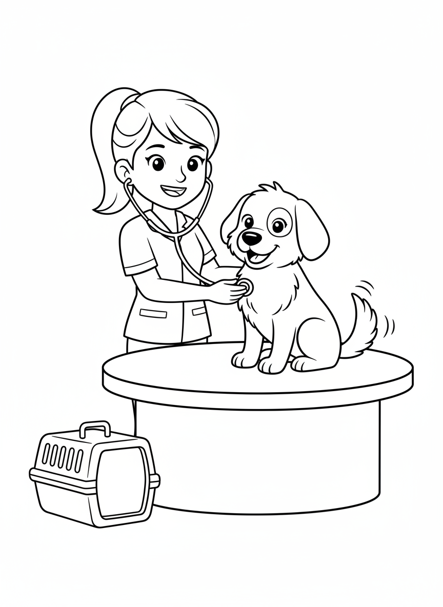 優しい獣医と幸せな犬の塗り絵 - 犬 ぬりえページ 子供とかわいい - 無料印刷可能な輪郭画