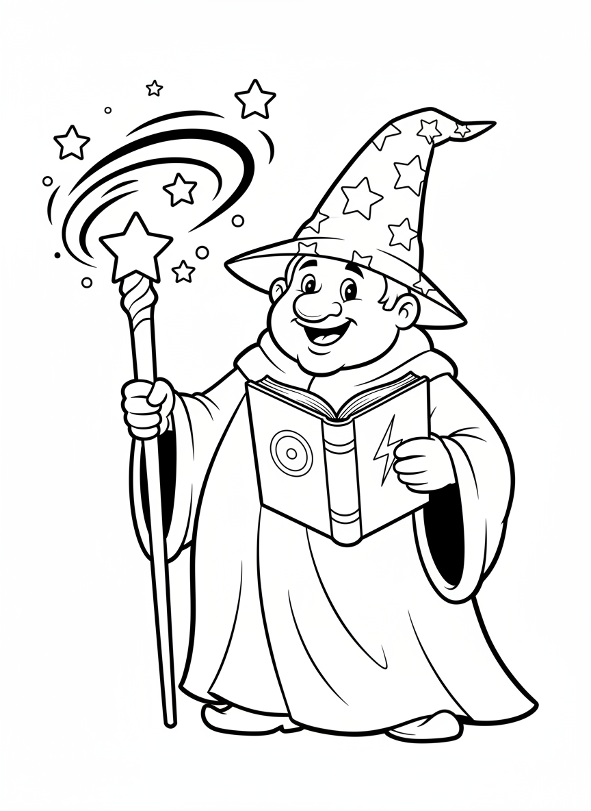 Desenho de Mago Amigável para Crianças 🧙‍♂️ Diversão Mágica e Fácil! - Mago Desenho para Colorir com Crianças e Fofo - Desenho de Contorno Grátis Imprimível