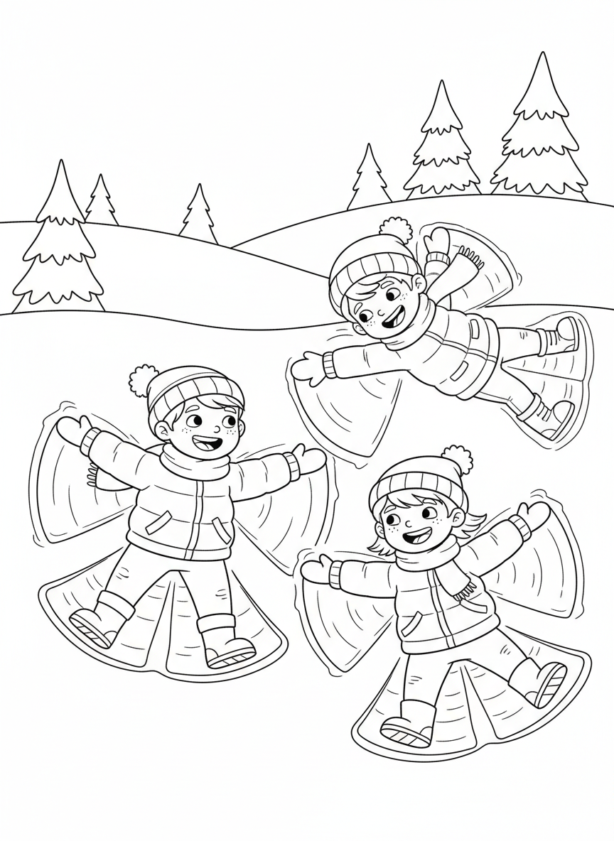 Friends Making Snow Angels Coloring Page - Winter Coloring Page featuring Snow and Seasonal - Free Printable Outline Drawing for Kids