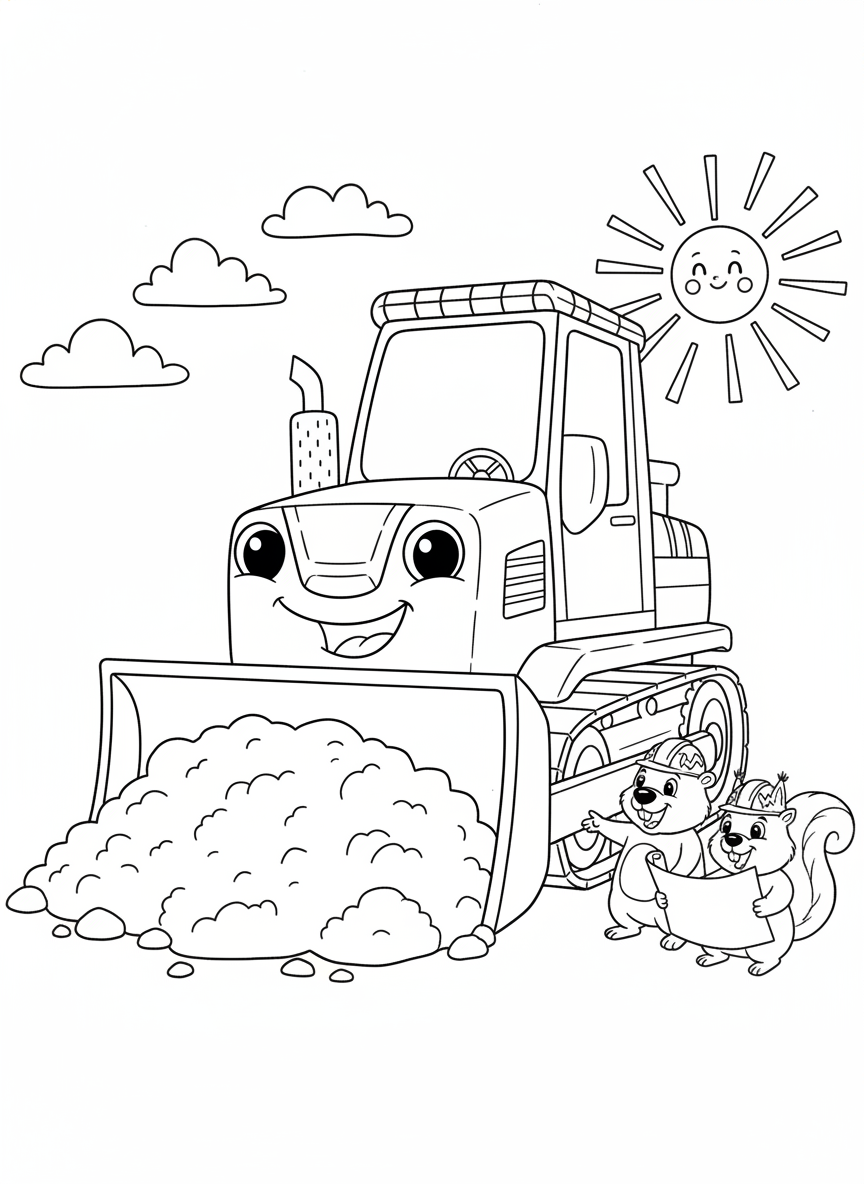 有趣的推土機與動物工程隊著色頁 - 工程車 著色頁 建築、兒童 - 免費可列印輪廓畫