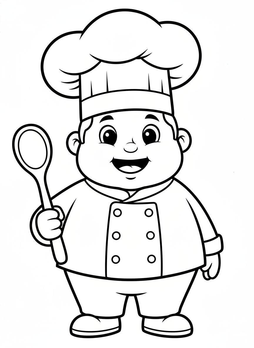 Fun Chef Coloring Page for Kids - A Happy Cartoon Cook! - Occupation Coloring Page featuring Chef and Cooking - Free Printable Outline Drawing for Kids