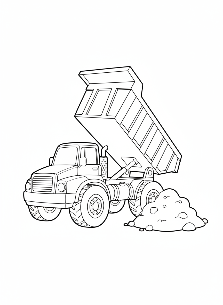 Fun Dump Truck Coloring Page for Kids - Construction Vehicle Coloring Page featuring Truck and Construction - Free Printable Outline Drawing for Kids