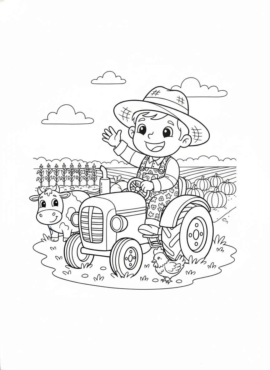 Aventura Divertida na Fazenda: Desenho de Fazendeiro e Trator para Colorir - Fazendeiro Desenho para Colorir com Crianças e Dificuldade Média - Desenho de Contorno Grátis Imprimível