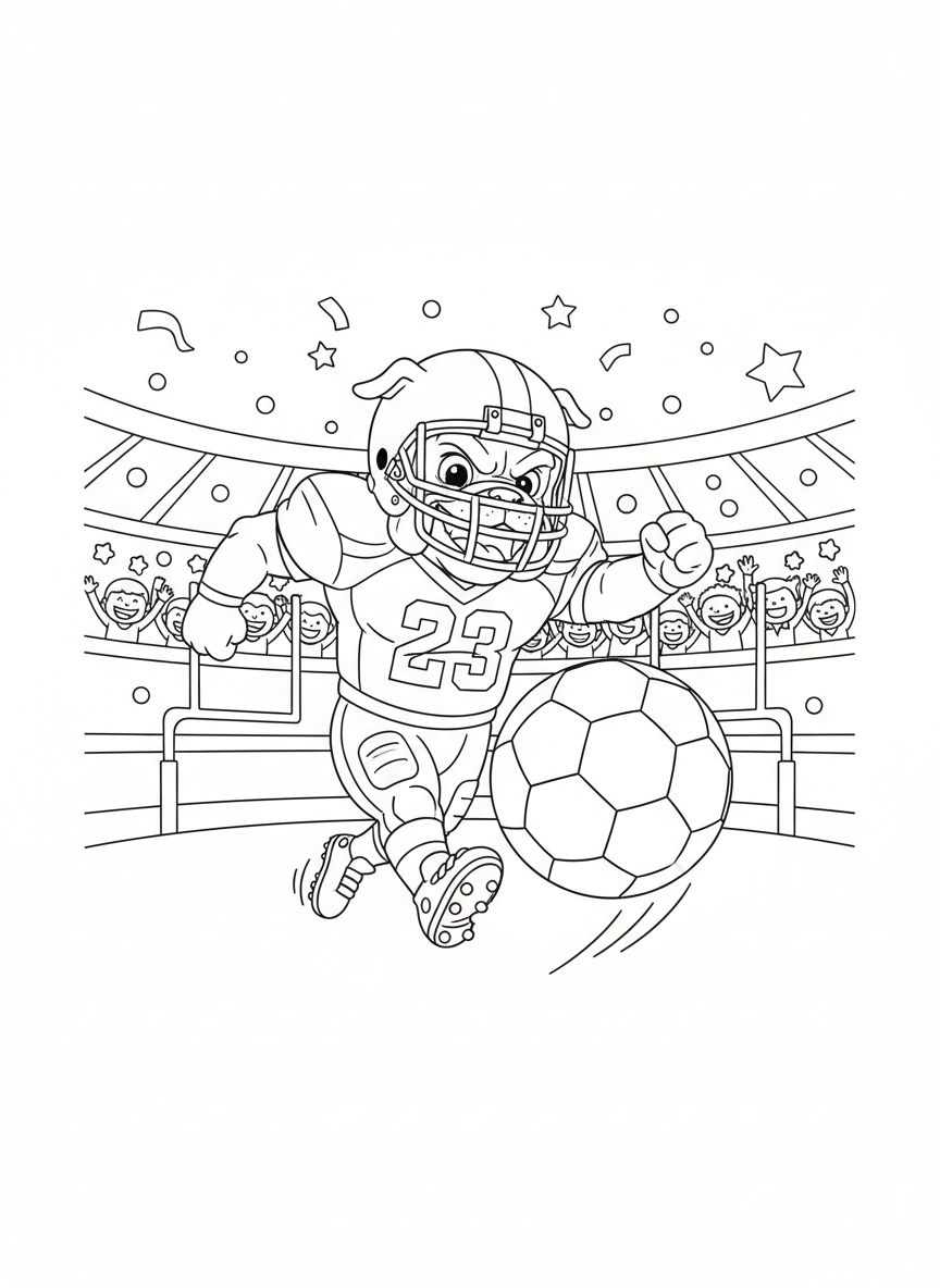 Fun Football Mascot Kicking Soccer Ball Kids Coloring Page - Sports Player Coloring Page featuring Kids and Sports - Free Printable Outline Drawing for Kids