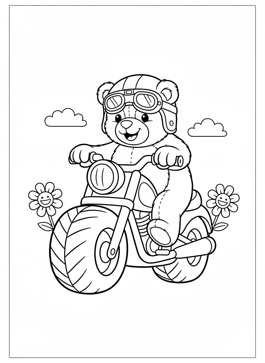 Fun Motorcycle Adventure: Teddy Bear's Joyride Coloring Page - Motorcycle Coloring Page featuring Children and Cute - Free Printable Outline Drawing for Kids