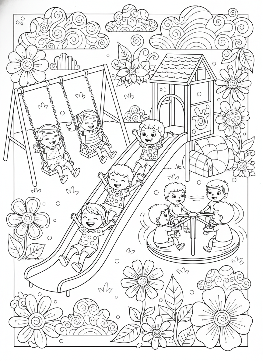 Fun Playground Adventure: Kids on Swings, Slide & Merry-Go-Round - Children Playing Coloring Page featuring Outdoor and Activity - Free Printable Outline Drawing for Kids