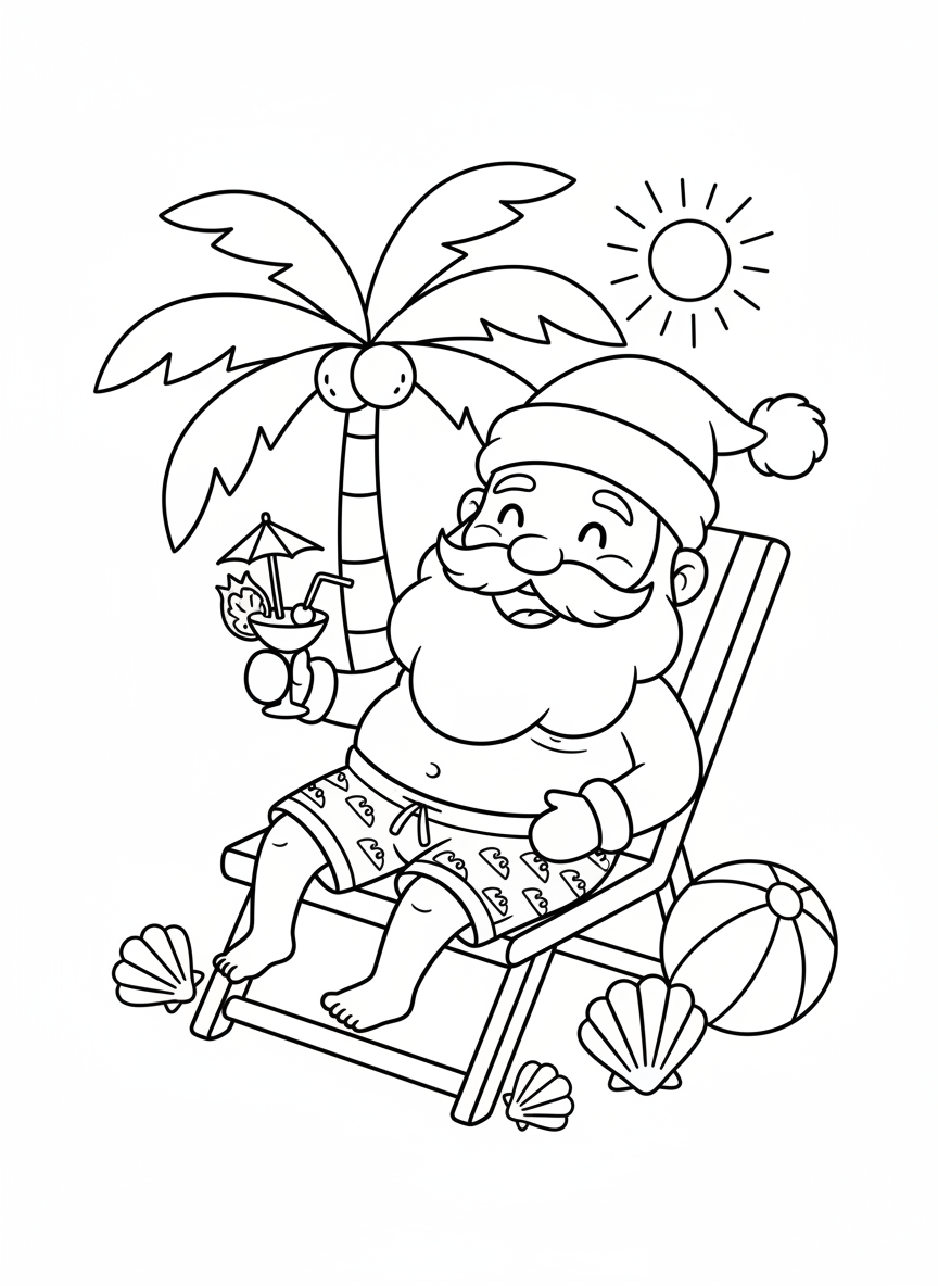 Funny Santa's Beach Vacation Coloring Page for Kids - Christmas Coloring Page featuring Funny Santa and Beach Vacation - Free Printable Outline Drawing for Kids