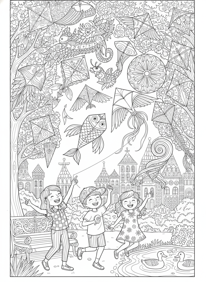 Grand Kite Festival Fun for Kids: Intricate Coloring Page - Festival Celebration Coloring Page featuring Children and Kite - Free Printable Outline Drawing for Kids