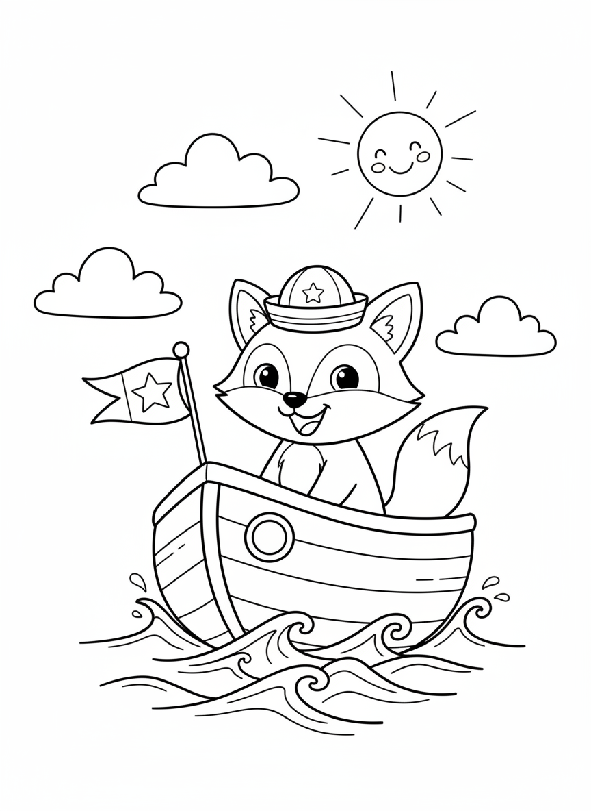 Happy Animal Boat Adventure Coloring Page - Boat Coloring Page featuring Cute and Boat Adventure - Free Printable Outline Drawing for Kids