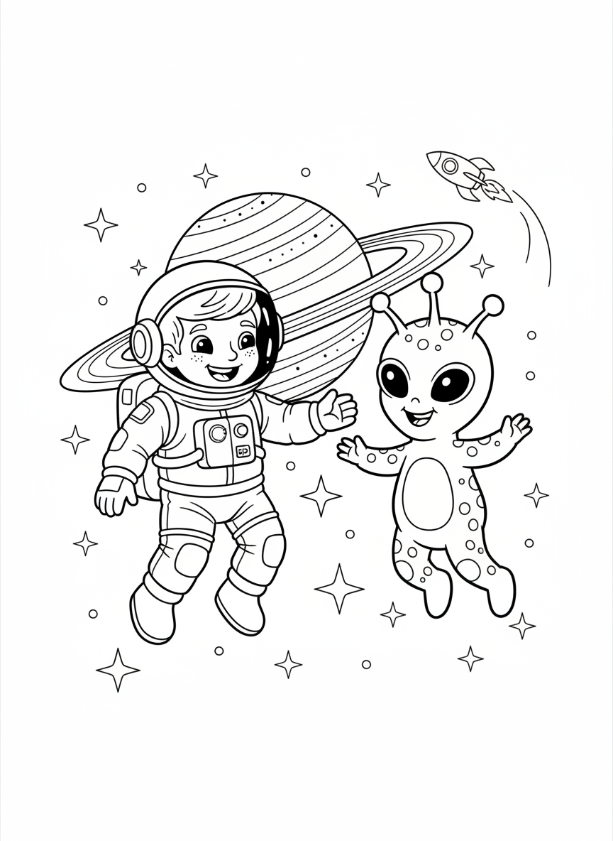 Happy Astronaut Meets Friendly Alien: Space Adventure Coloring Page - Space Character Coloring Page featuring Friendly Alien and Cartoon Astronaut - Free Printable Outline Drawing for Kids