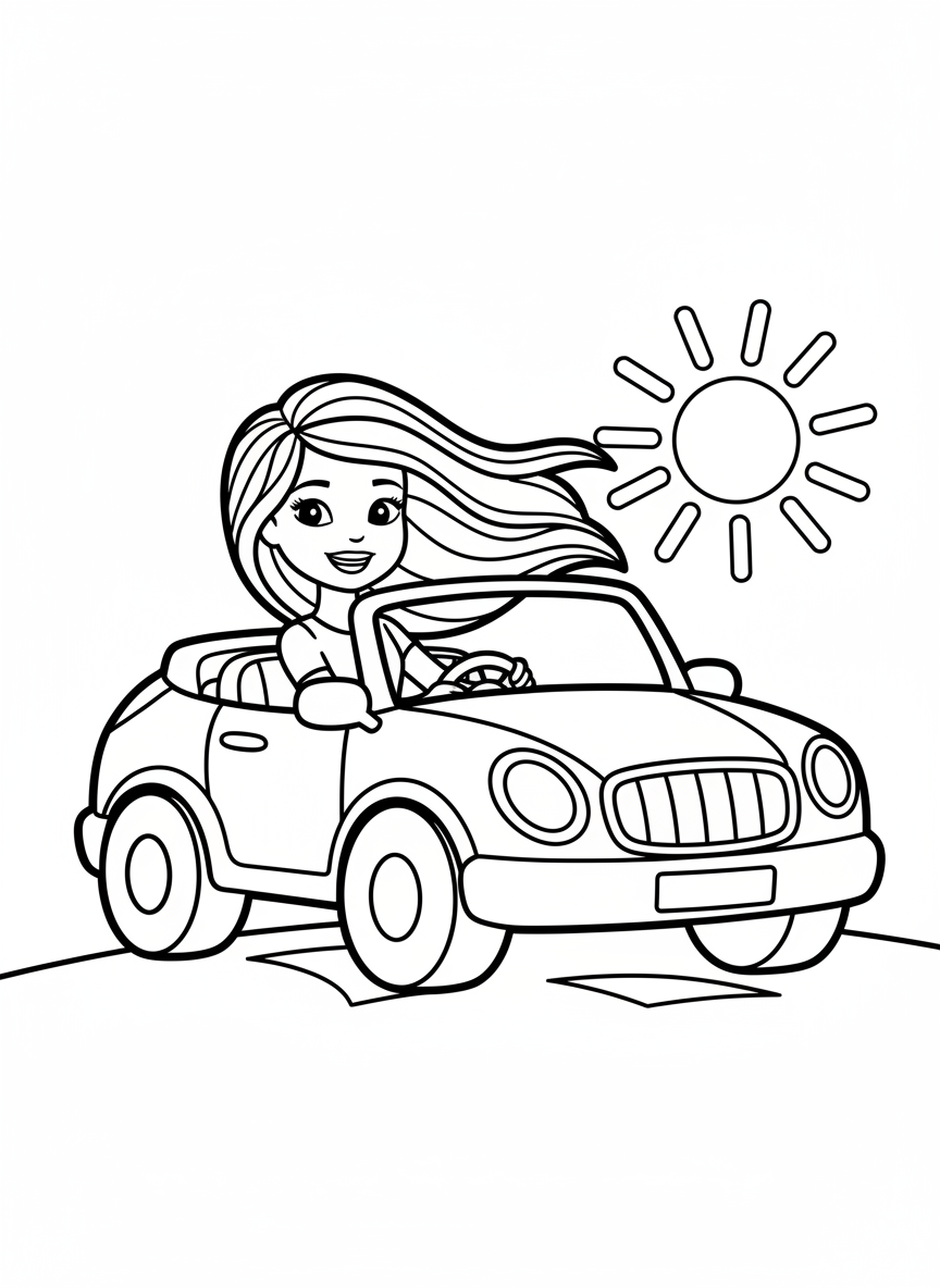 Happy Barbie Driving Cute Convertible Car Coloring Page for Kids - Car Coloring Page featuring Easy and Character - Free Printable Outline Drawing for Kids