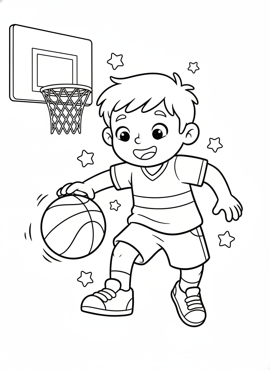 Happy Basketball Dribbler Coloring Page for Kids - Sports Player Coloring Page featuring Happy and Children - Free Printable Outline Drawing for Kids
