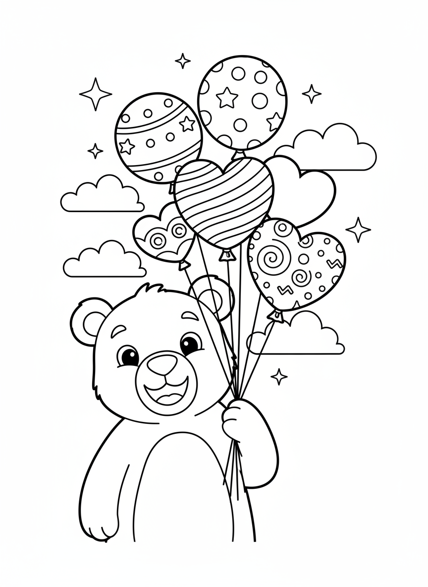 Happy Bear with Balloons Coloring Page for Kids 5-8 - Bear Coloring Page featuring Happy and Children - Free Printable Outline Drawing for Kids