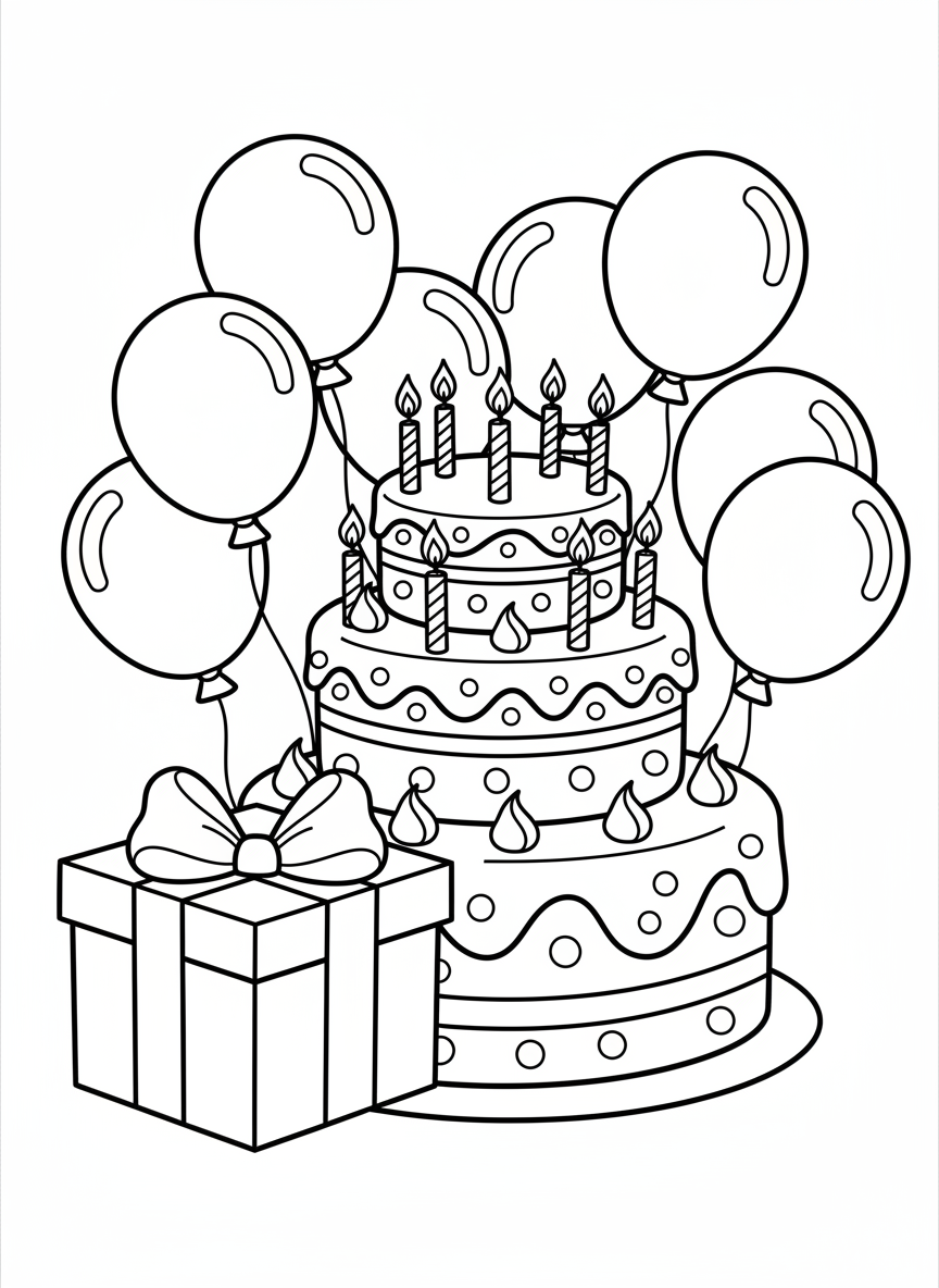 Happy Birthday Cake & Balloons Coloring Page for Kids - Birthday Coloring Page featuring Festive and Children - Free Printable Outline Drawing for Kids
