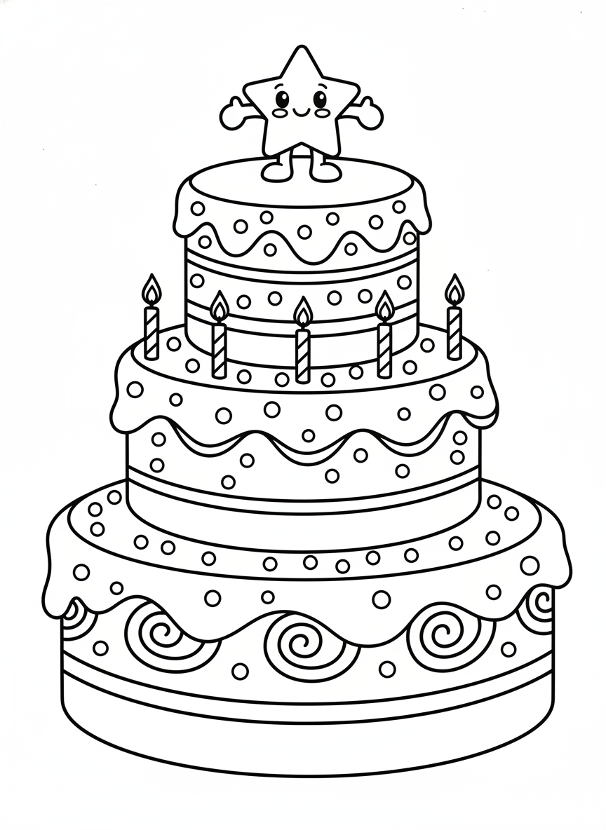 Happy Birthday Cake with Smiling Star Coloring Page for Kids - Birthday Coloring Page featuring Easy to Color and Kids - Free Printable Outline Drawing for Kids