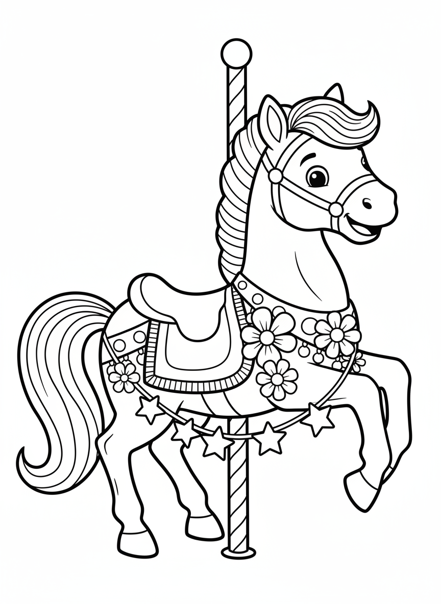 Happy Carousel Horse Coloring Page for Kids Aged 3-5 - Carousel Coloring Page featuring Children and Cute - Free Printable Outline Drawing for Kids