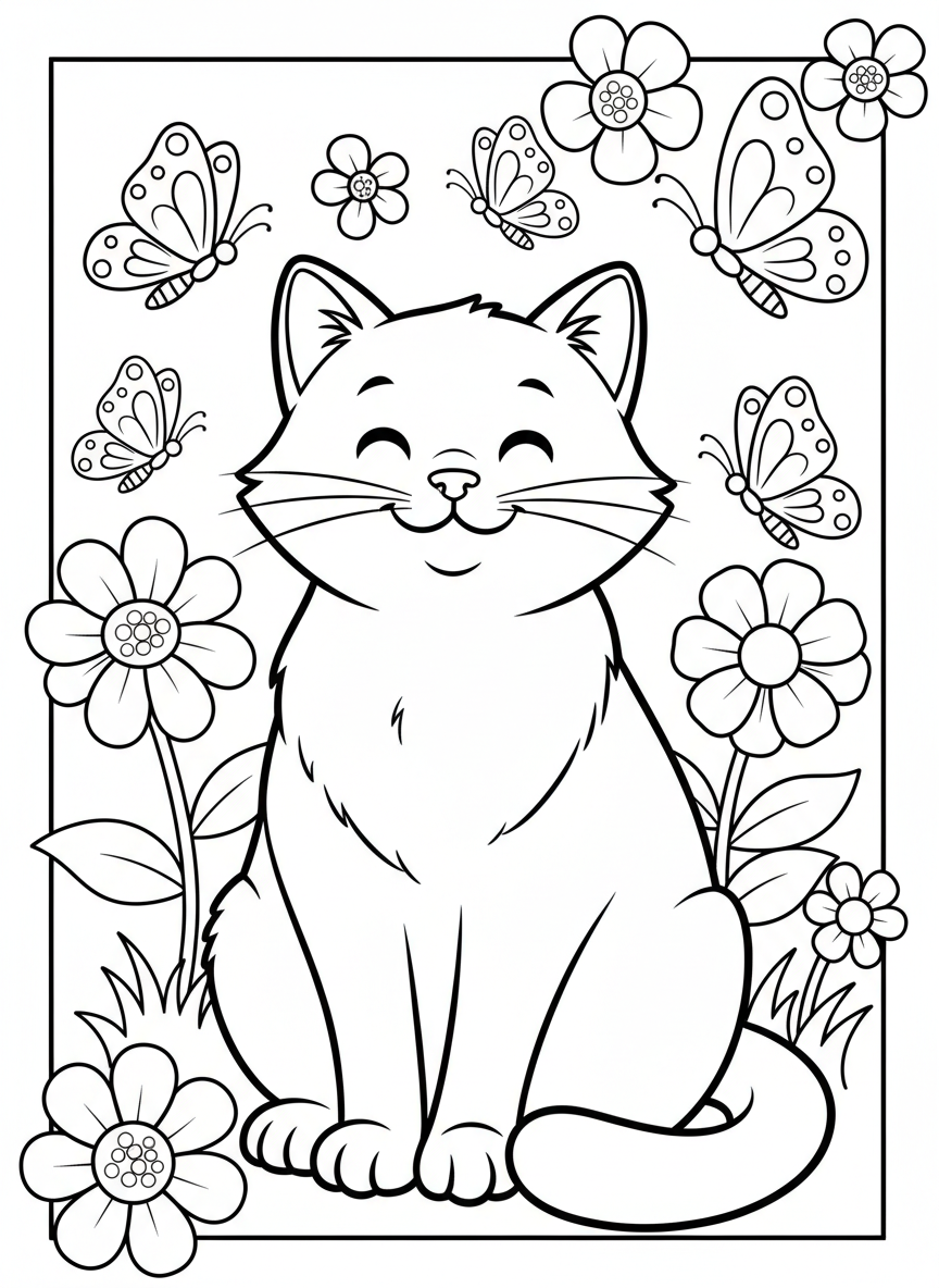 Happy Cartoon Cat in a Whimsical Garden Coloring Page for Kids - Cat Coloring Page featuring Nature and Children - Free Printable Outline Drawing for Kids