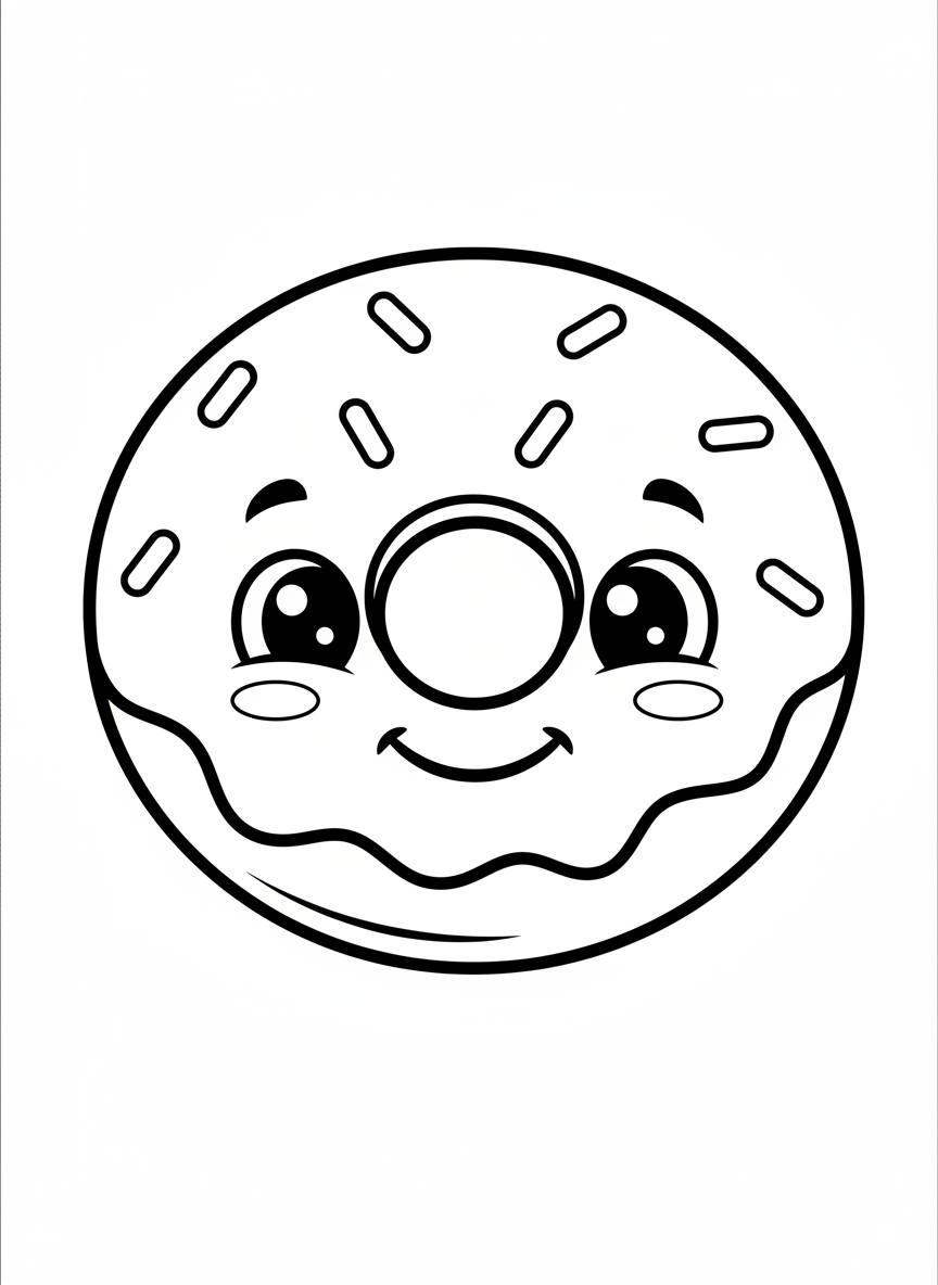 笑顔のドーナツぬりえ - 子供向け簡単で楽しい！ - デザートドーナツ ぬりえページ 子供とかわいい - 無料印刷可能な輪郭画
