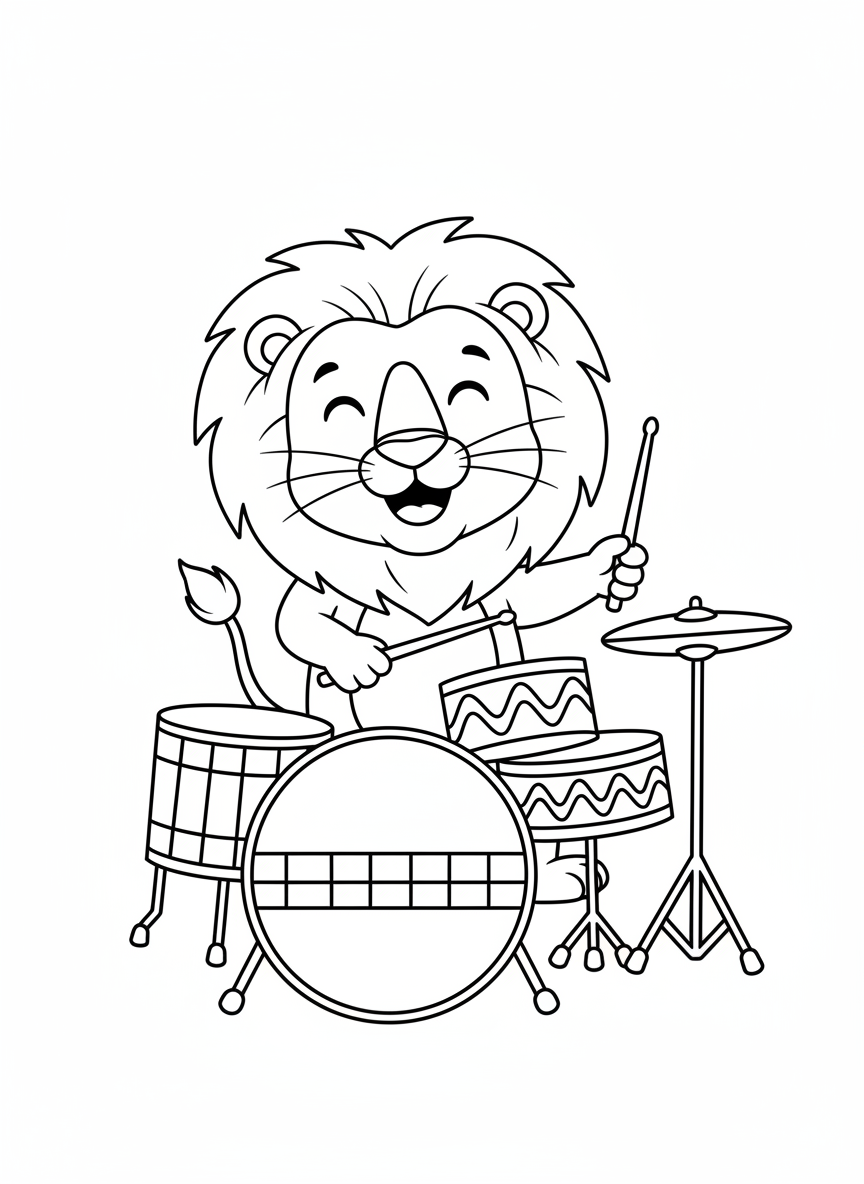 Page de coloriage Lion batteur de dessin animé heureux pour enfants - Lion Coloriage avec Mignon et Musique - Dessin au Trait Gratuit Imprimable