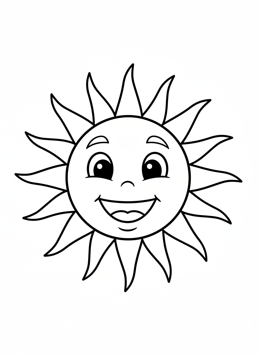 Page de Coloriage Soleil Cartoon Joyeux pour Enfants 3-5 Ans - Soleil Coloriage avec Facile et Heureux - Dessin au Trait Gratuit Imprimable