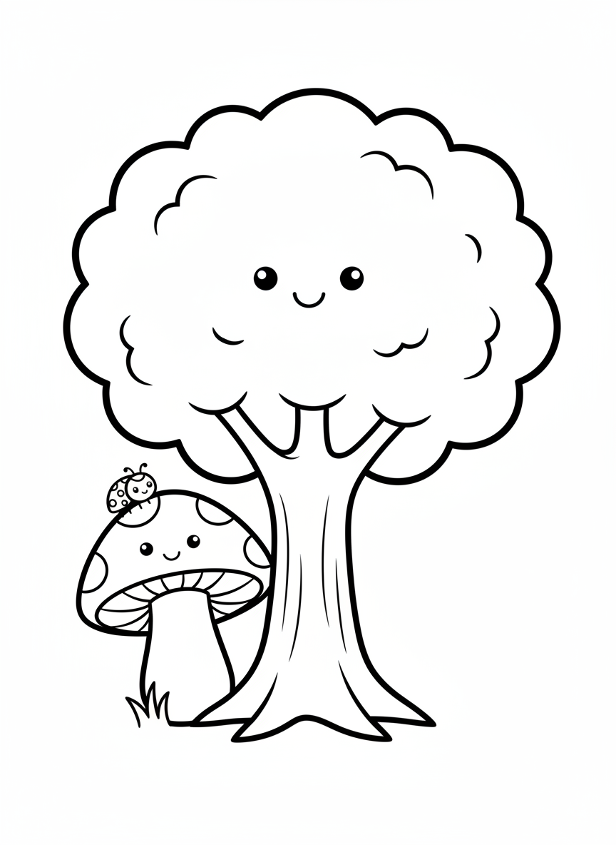 Happy Cartoon Tree, Mushroom & Ladybug Coloring Page for Kids - Woodland Coloring Page featuring Toddler and Happy - Free Printable Outline Drawing for Kids