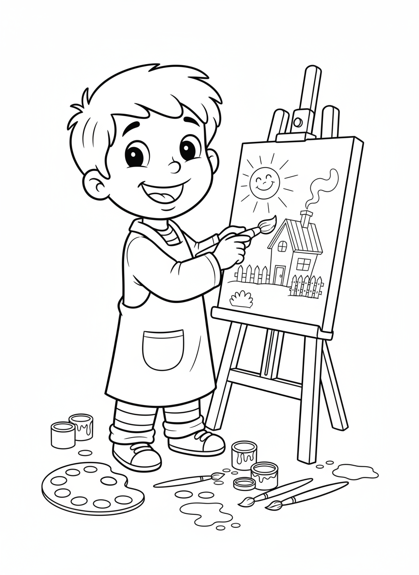 Happy Child Artist: Fun Painting Time Coloring Page - Child Coloring Page featuring Children and Cute - Free Printable Outline Drawing for Kids