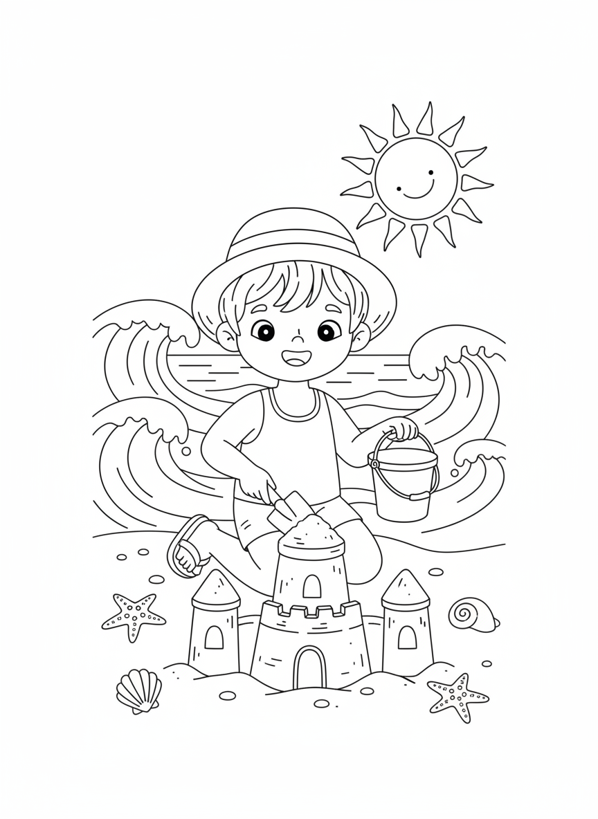 Happy Child Building Sandcastle on Sunny Summer Beach - Seascape Coloring Page featuring Children and Summer - Free Printable Outline Drawing for Kids