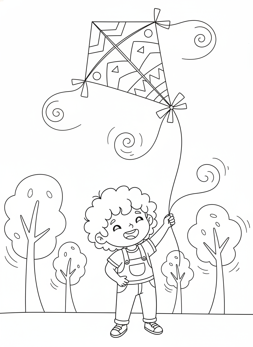 Happy Child Flying a Kite - Fun Kids Coloring Page - Child Coloring Page featuring Children and Cute - Free Printable Outline Drawing for Kids