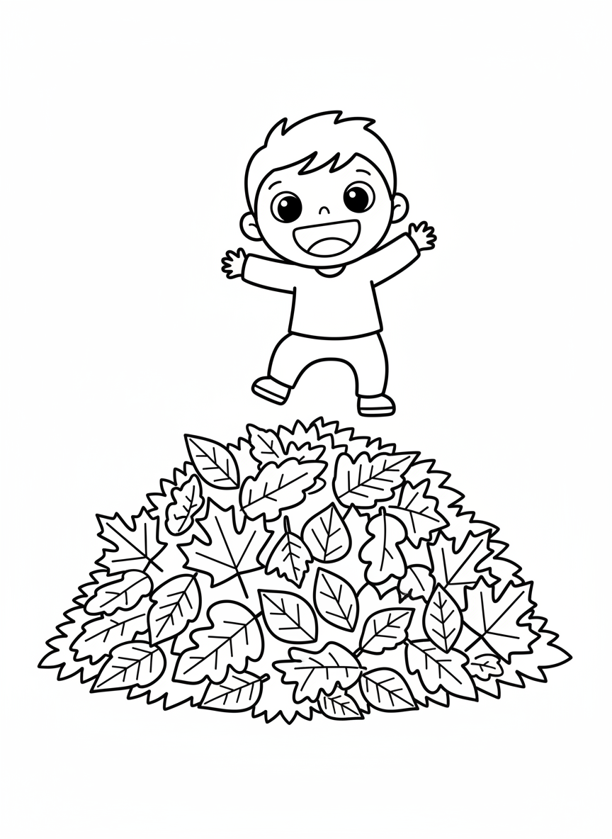 Enfant Heureux Sautant dans les Feuilles d'Automne – Coloriage - Automne Coloriage avec Facile à colorier et Enfants - Dessin au Trait Gratuit Imprimable