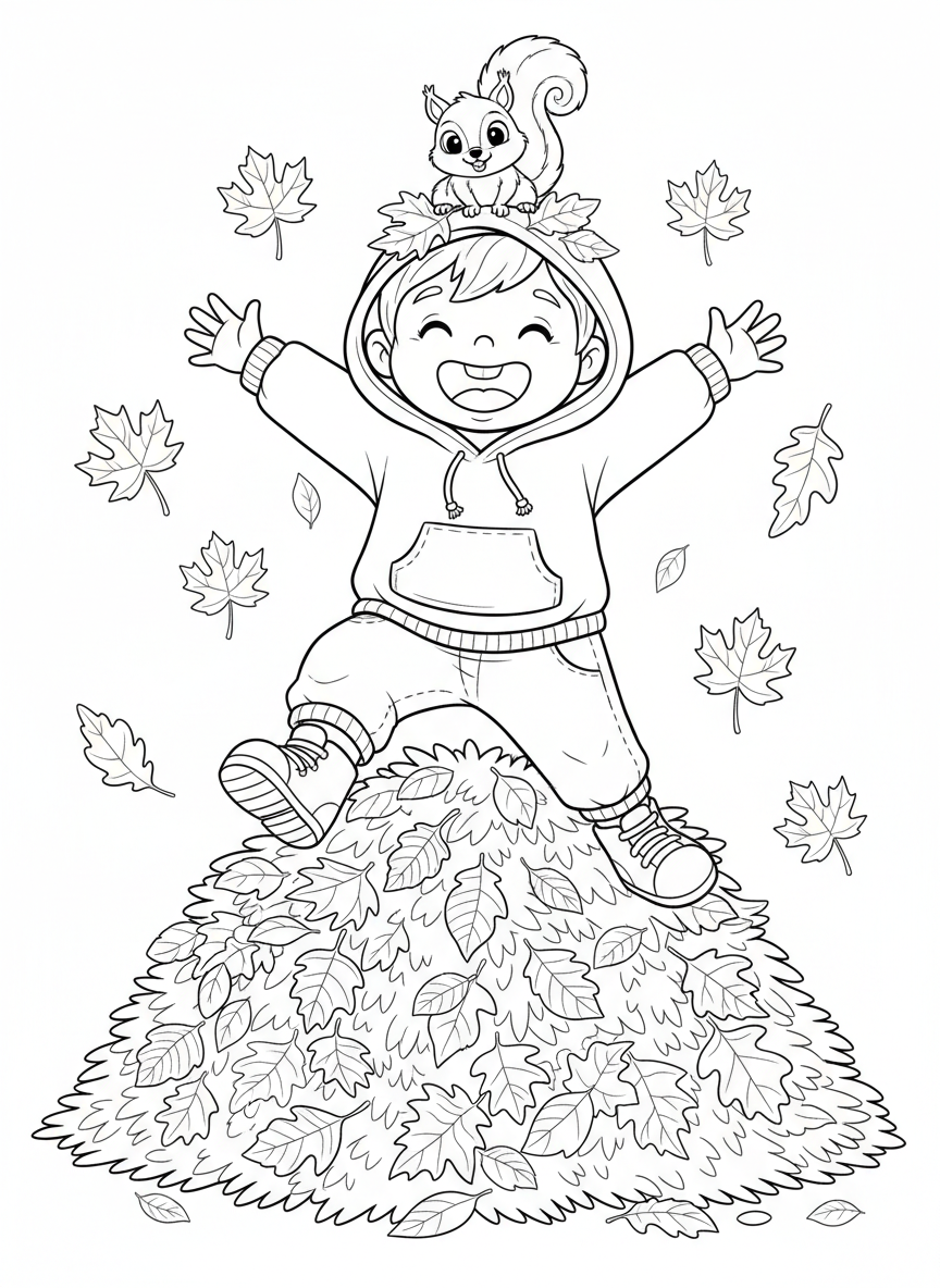 Happy Child Jumps into Autumn Leaf Pile Coloring Page - Autumn Coloring Page featuring Happy and Children - Free Printable Outline Drawing for Kids
