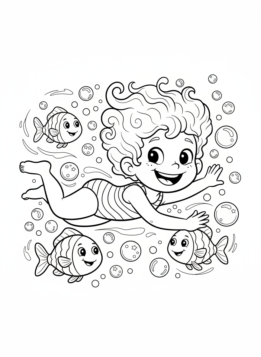 Página de colorir Criança Feliz Nadando Debaixo d'Água - Criança Desenho para Colorir com Fácil de Colorir e Crianças - Desenho de Contorno Grátis Imprimível