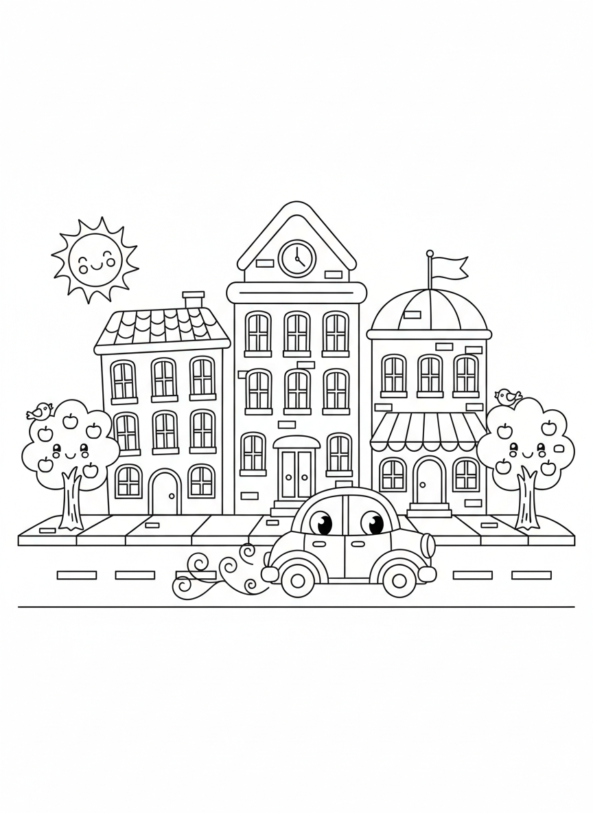 Happy City Street Fun Coloring Page for Kids - Car Coloring Page featuring Children and Cute - Free Printable Outline Drawing for Kids