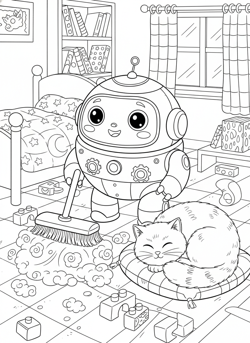 Robot Limpiador Alegre: Aventura en la Habitación de Niños - Robot Dibujo para Colorear con Niños y Lindo - Dibujo de Contorno Gratis Imprimible