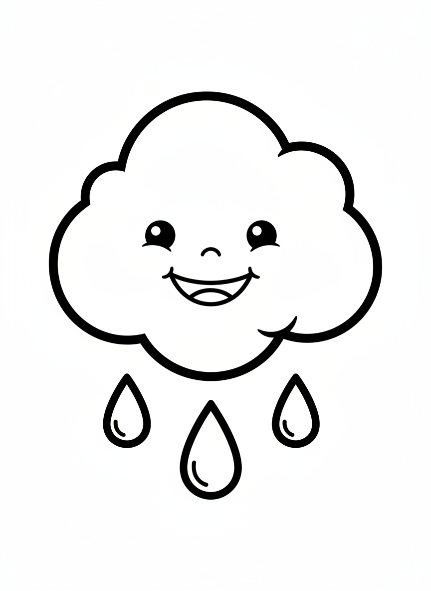 Happy Cloud and Raindrops Kids Coloring Page - Simple Fun for Ages 3-5 - Cloud Coloring Page featuring Children and Cute - Free Printable Outline Drawing for Kids