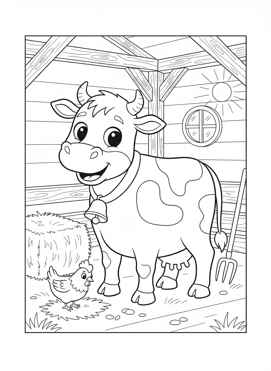 Happy Cow & Chicken: Fun Farm Barn Coloring Page - Farm Animal Coloring Page featuring Happy and Farm Animals - Free Printable Outline Drawing for Kids
