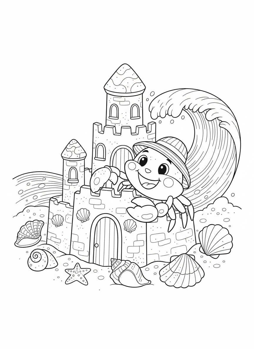 Happy Crab Builds Sandcastle Coloring Page for Kids - Crab Coloring Page featuring Easy and Ocean - Free Printable Outline Drawing for Kids