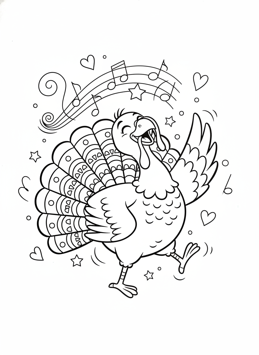 Happy Dancing Thanksgiving Turkey Coloring Page for Kids - Thanksgiving Coloring Page featuring Children and Dancing - Free Printable Outline Drawing for Kids