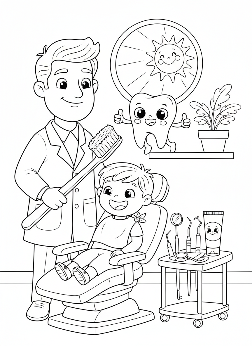 友善牙醫與快樂兒童病患著色頁 - 職業 著色頁 快樂、牙齒健康 - 免費可列印輪廓畫