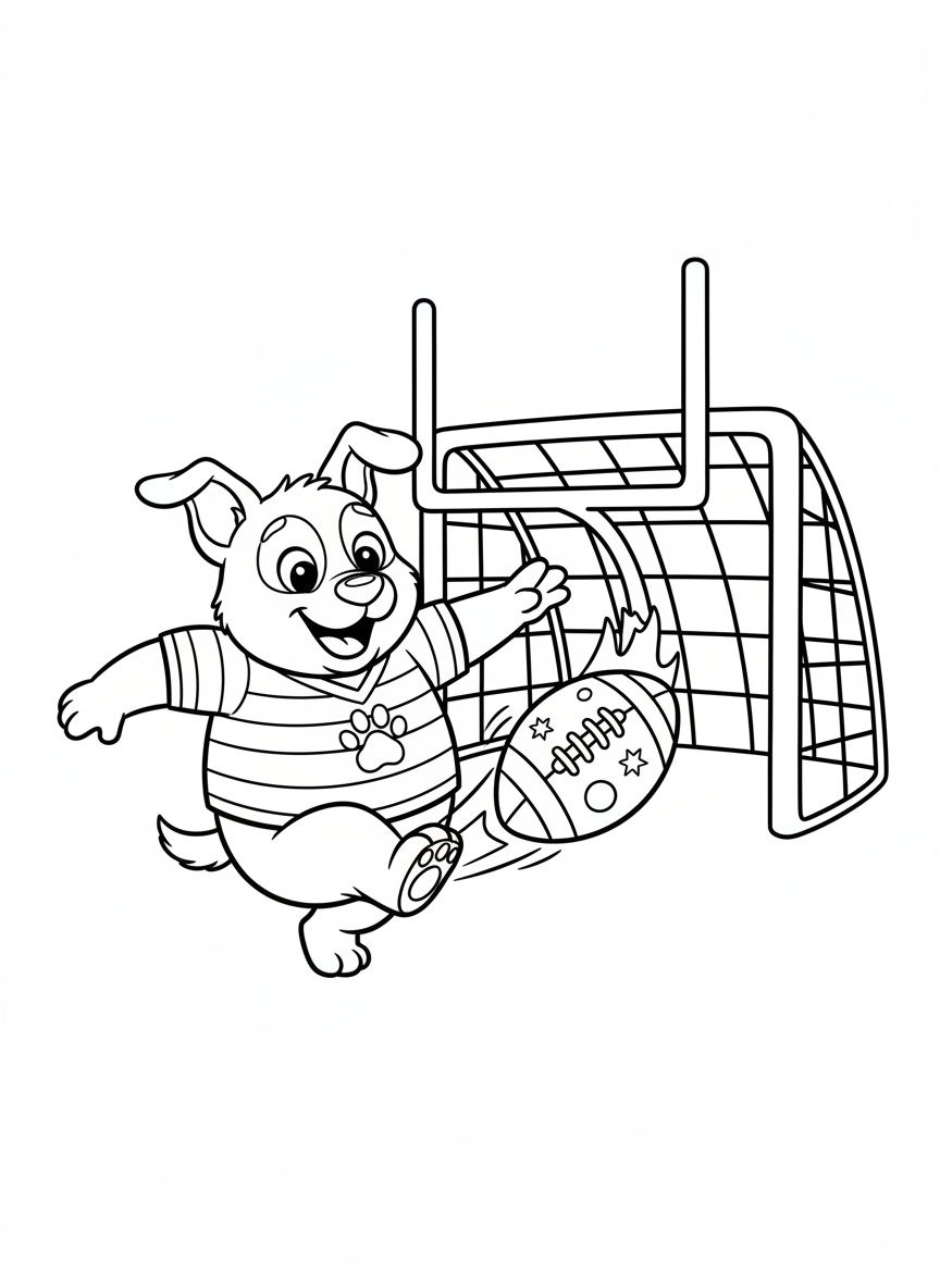 Happy Dog Playing Football Coloring Page for Kids - Dog Coloring Page featuring Children and Cute - Free Printable Outline Drawing for Kids