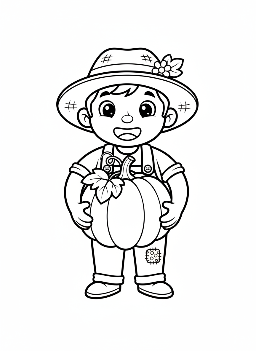 Happy Farmer with Pumpkin Coloring Page for Toddlers - Farmer Coloring Page featuring Children and Cute - Free Printable Outline Drawing for Kids