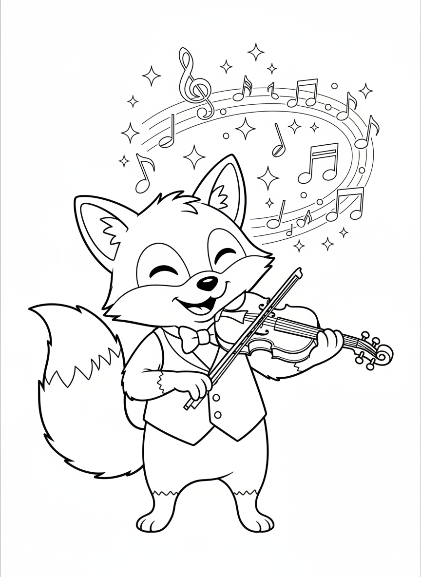Renard Violoniste Joyeux : Page de Coloriage Enfants - Renard Coloriage avec Enfants et Mignon - Dessin au Trait Gratuit Imprimable