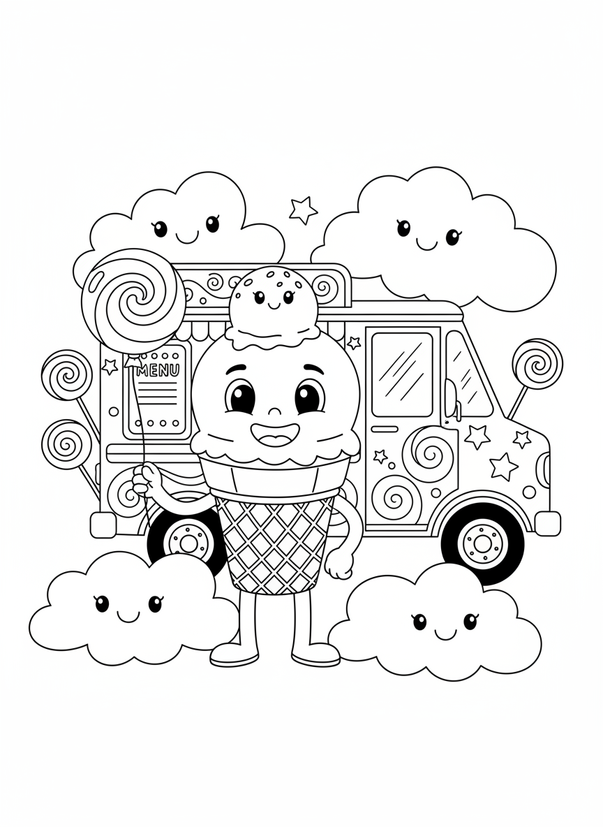 Happy Ice Cream Truck Adventure Coloring Page for Kids - Ice Cream Truck Coloring Page featuring Happy and Children - Free Printable Outline Drawing for Kids