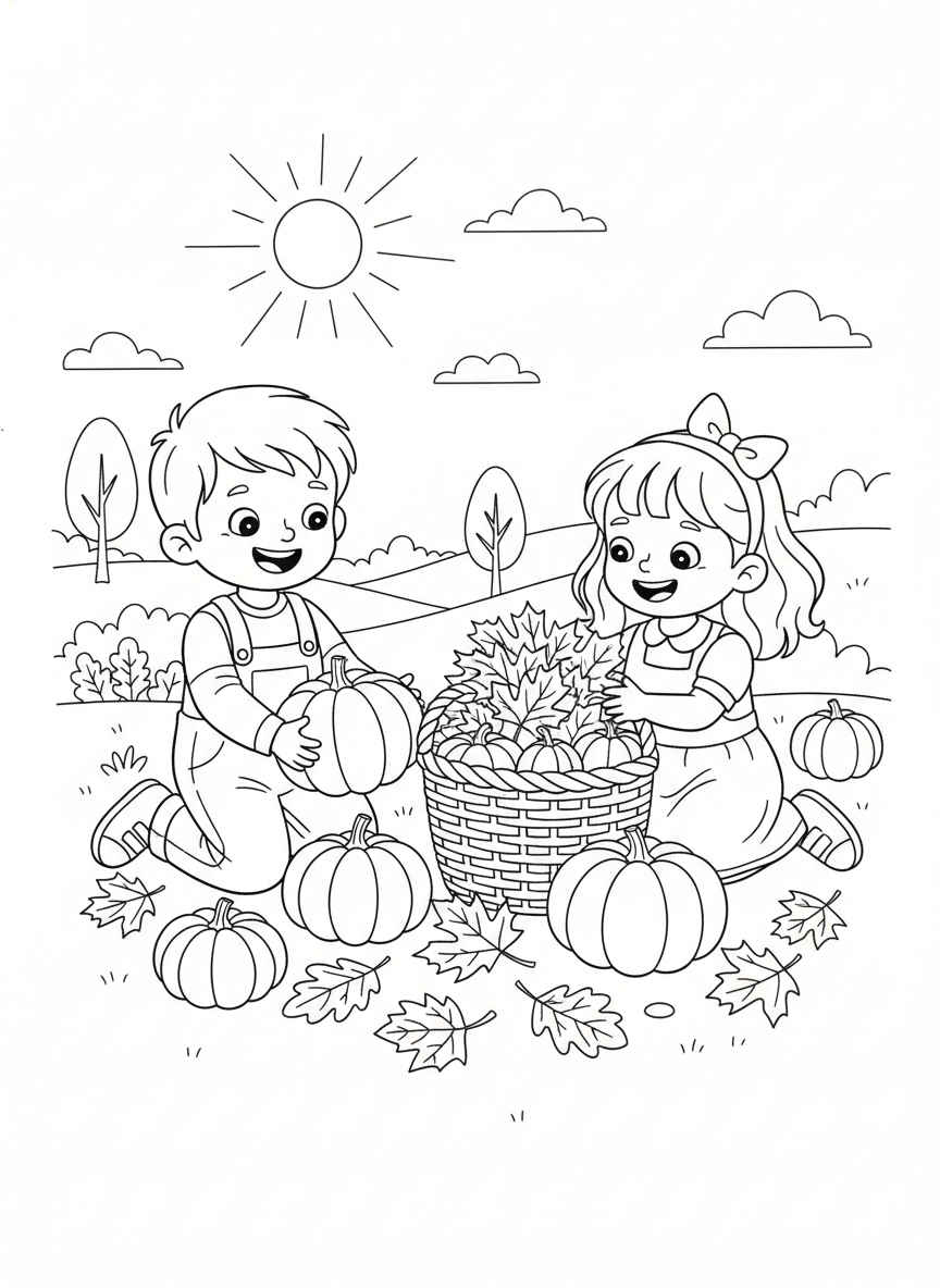 Page de Coloriage Enfants Joyeux Ramassant Citrouilles et Feuilles d'Automne - Action de grâce Coloriage avec Heureux et Facile à colorier - Dessin au Trait Gratuit Imprimable