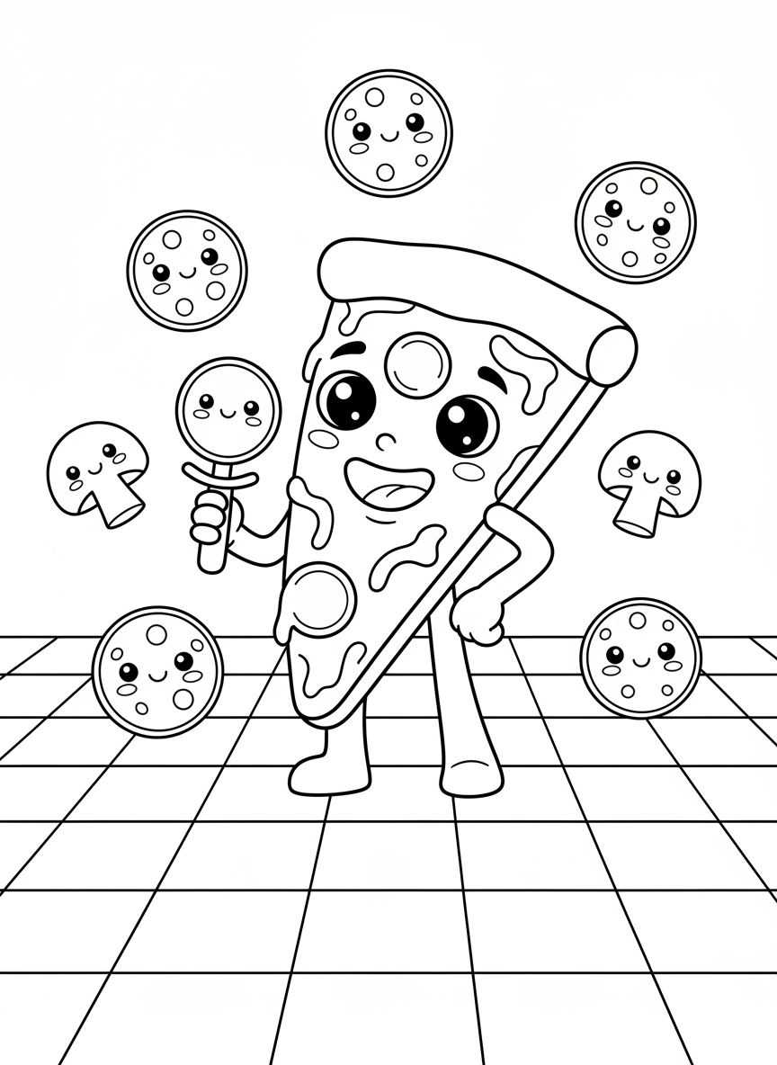 Happy Pizza Slice Coloring Page for Kids - Pizza Coloring Page featuring Happy and Children - Free Printable Outline Drawing for Kids