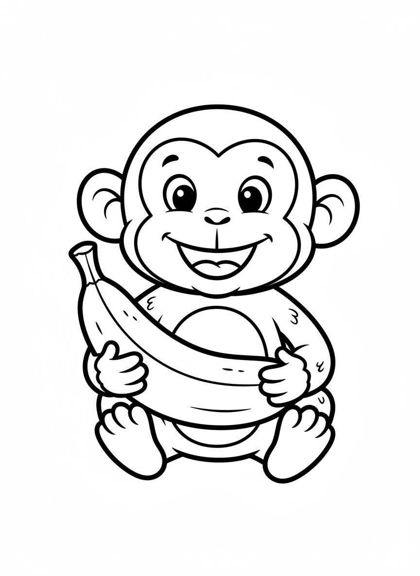 楽しいバナナを持ったお猿さんの塗り絵 - サル ぬりえページ 子供とかわいい - 無料印刷可能な輪郭画