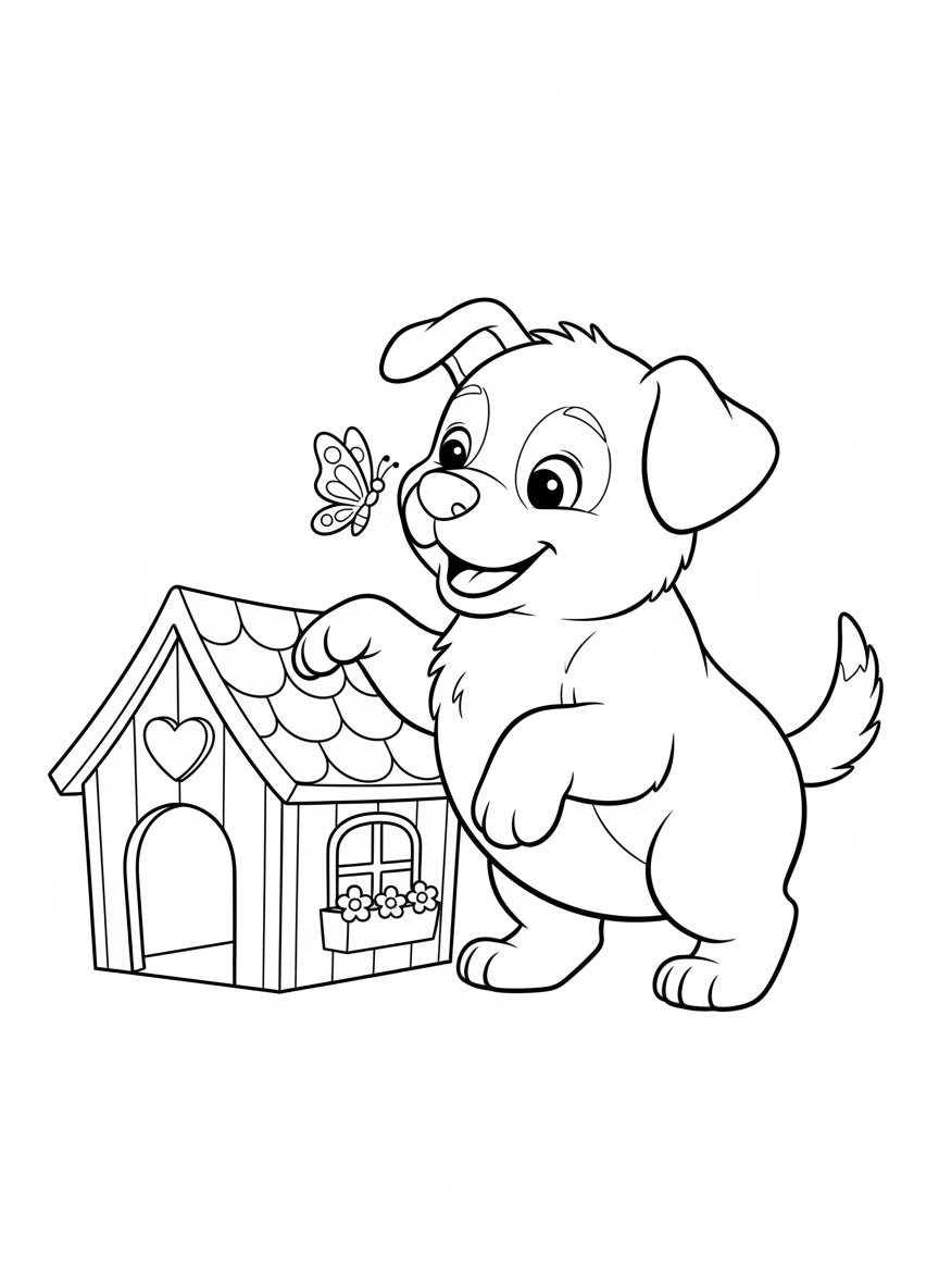 Happy Puppy's Dog House Adventure Coloring Page for Kids - Dog Coloring Page featuring Happy and Children - Free Printable Outline Drawing for Kids