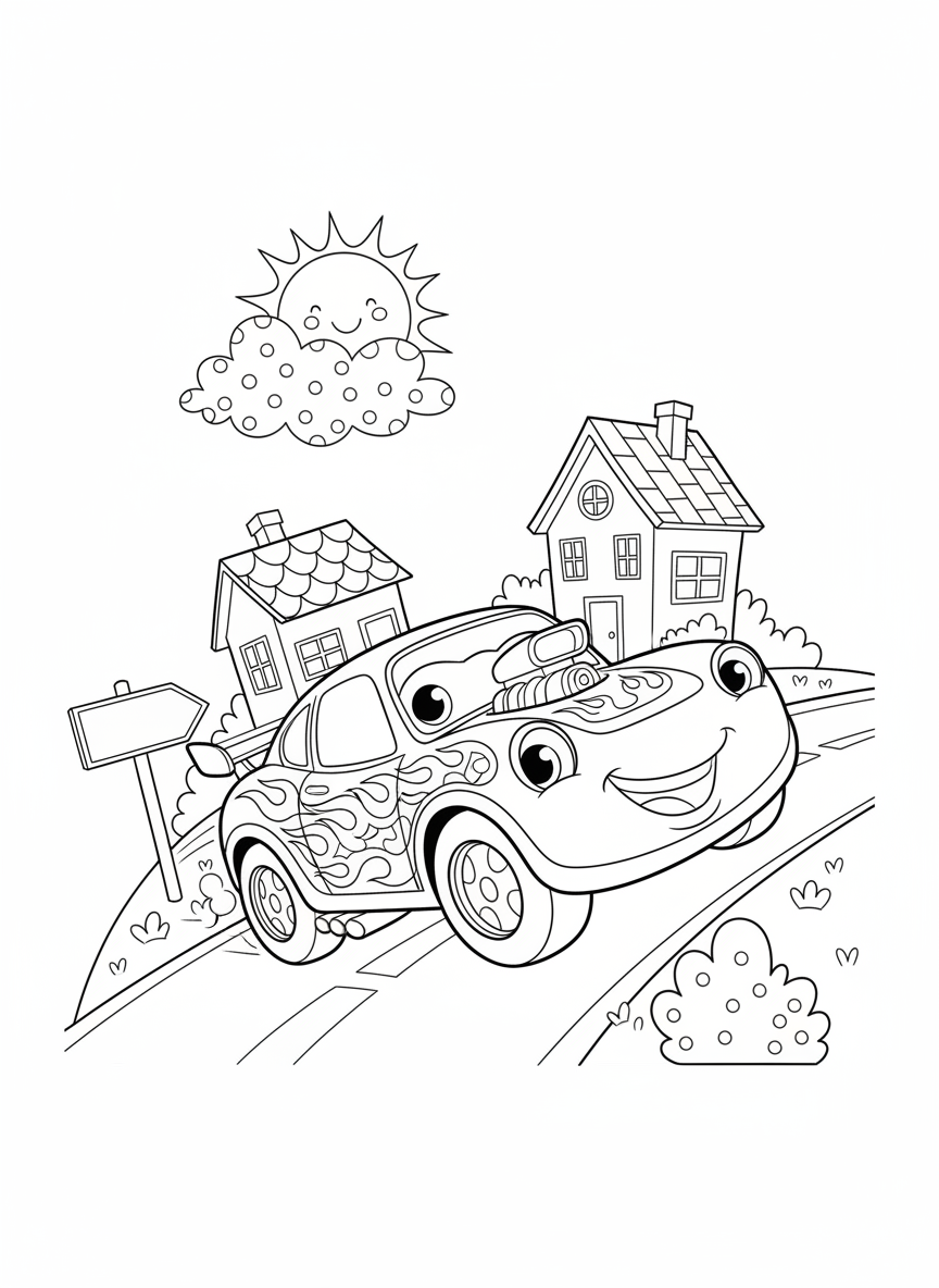 Happy Race Car Adventure: A Fun Coloring Page for Kids - Race Car Coloring Page featuring Children and Cute - Free Printable Outline Drawing for Kids