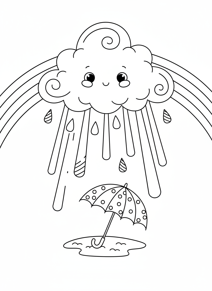 Page de Coloriage Nuage de Pluie Heureux et Arc-en-ciel pour Enfants - Météo Coloriage avec Enfants et Mignon - Dessin au Trait Gratuit Imprimable